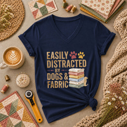 Easily Distracted By Dogs And Fabric Quilter Women's V-Neck - Navy