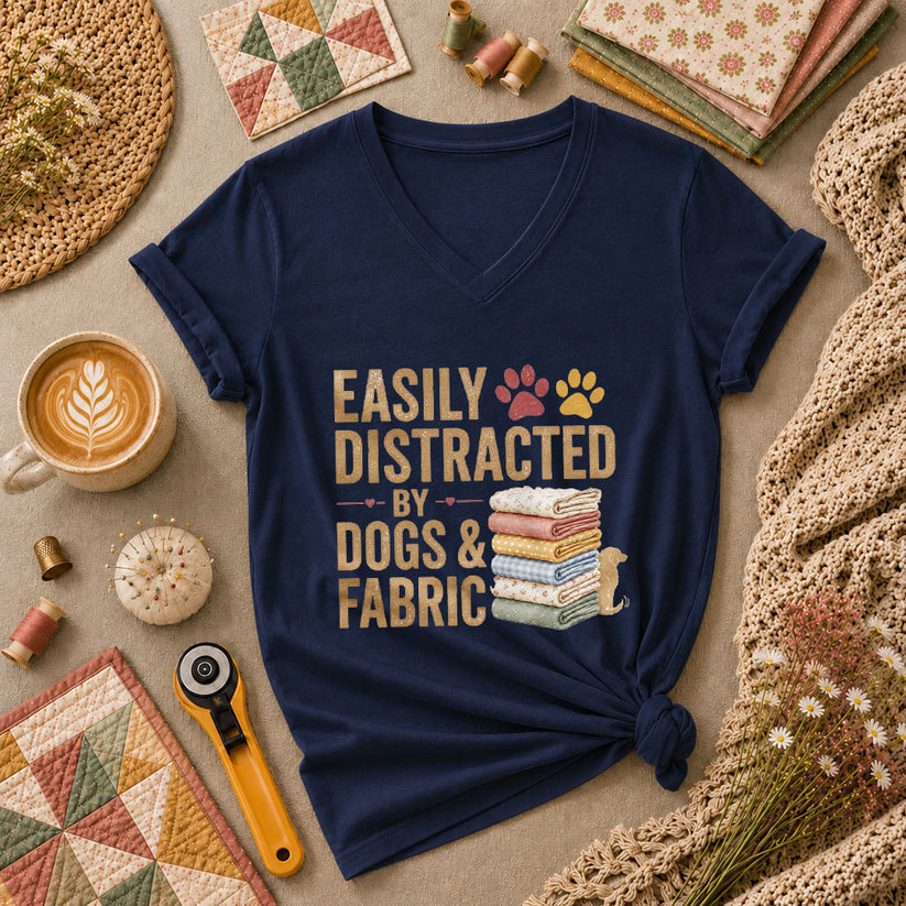 Easily Distracted By Dogs And Fabric Quilter Women's V-Neck - Navy