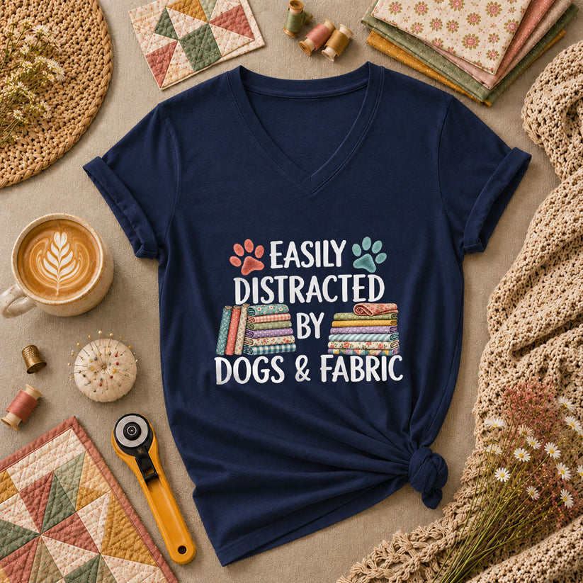 Easily Distracted By Dogs And Fabric Women's V-Neck - Navy
