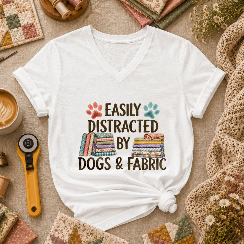 Easily Distracted By Dogs And Fabric Women's V-Neck - White