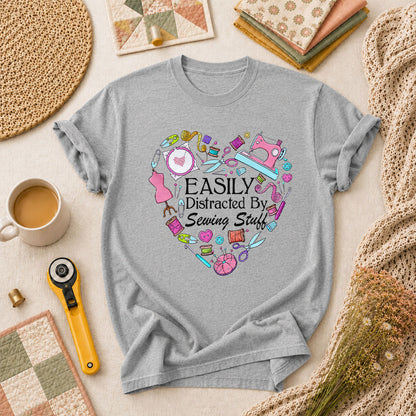Easily Distracted By Sewing Stuff Heart Tools T-Shirt - Athletic Heather