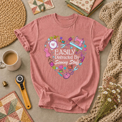 Easily Distracted By Sewing Stuff Heart Tools T-Shirt - Heather Mauve