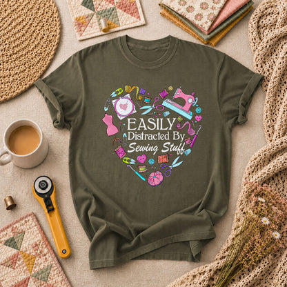 Easily Distracted By Sewing Stuff Heart Tools T-Shirt - Military Green