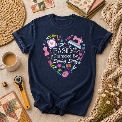Easily Distracted By Sewing Stuff Heart Tools T-Shirt - Navy