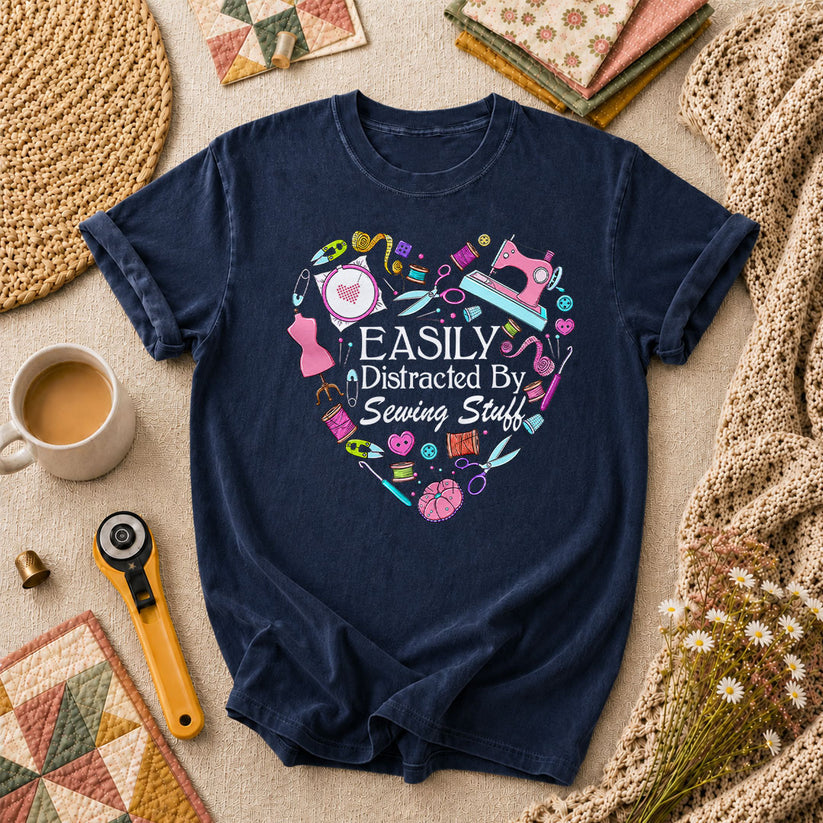 Easily Distracted By Sewing Stuff Heart Tools T-Shirt - Navy