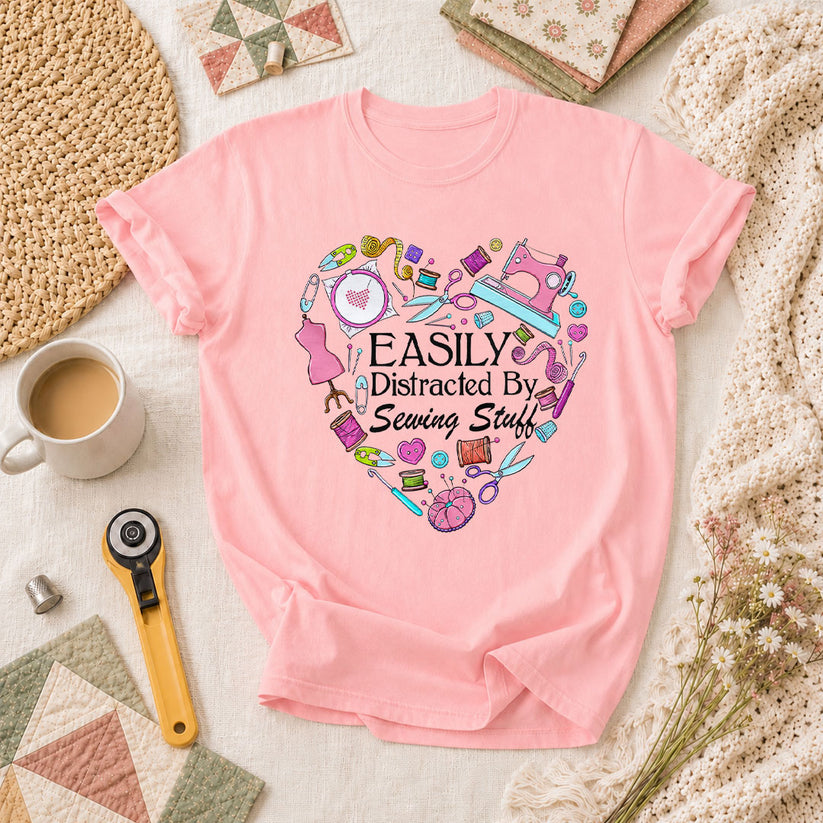 Easily Distracted By Sewing Stuff Heart Tools T-Shirt - Pink