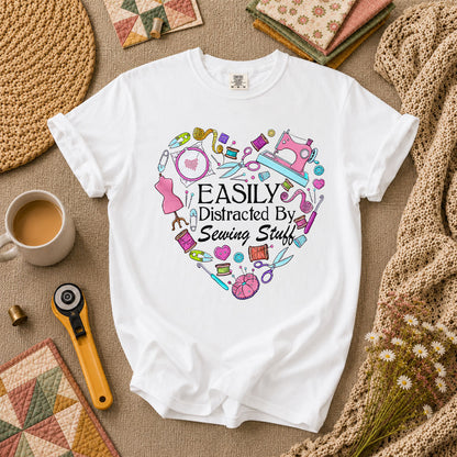 Easily Distracted By Sewing Stuff Heart Tools T-Shirt - White