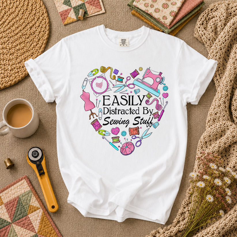 Easily Distracted By Sewing Stuff Heart Tools T-Shirt - White