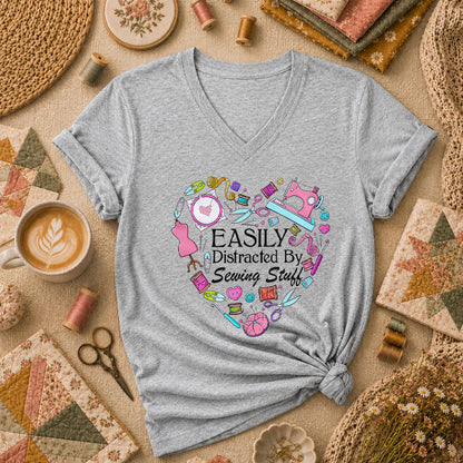 Easily Distracted By Sewing Stuff Heart Tools Women's V-Neck - Athletic Heather