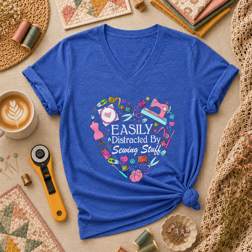 Easily Distracted By Sewing Stuff Heart Tools Women's V-Neck - Heather True Royal