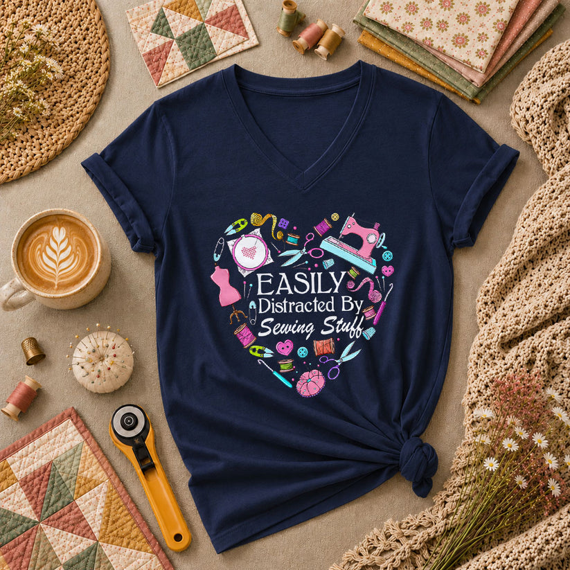 Easily Distracted By Sewing Stuff Heart Tools Women's V-Neck - Navy