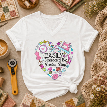 Easily Distracted By Sewing Stuff Heart Tools Women's V-Neck - White