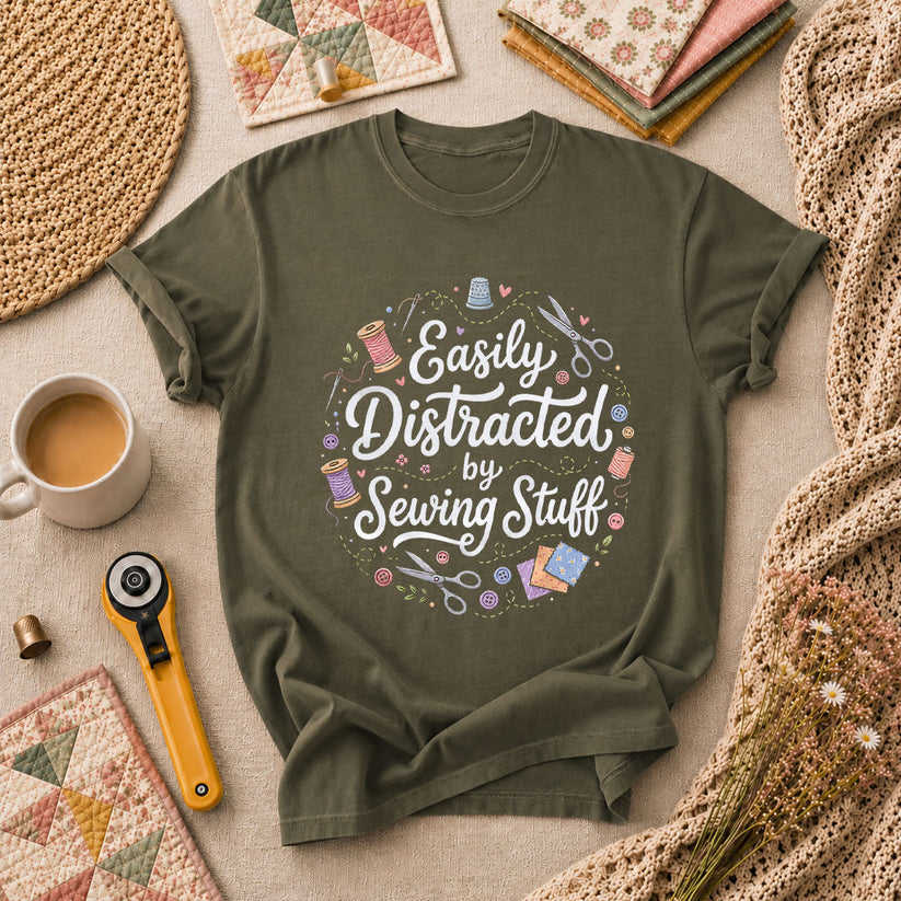 Easily Distracted By Sewing Stuff Vintage T-Shirt - Military Green