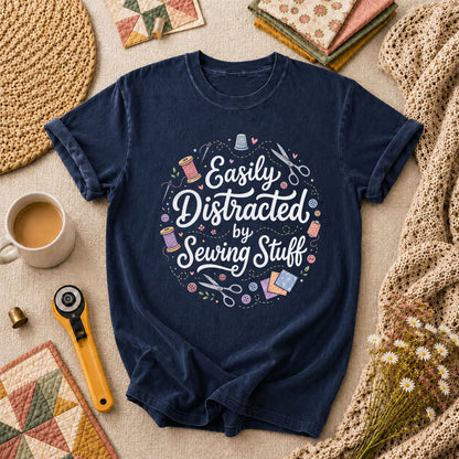 Easily Distracted By Sewing Stuff Vintage T-Shirt - Navy
