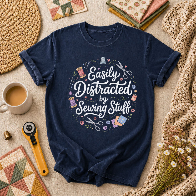 Easily Distracted By Sewing Stuff Vintage T-Shirt - Navy