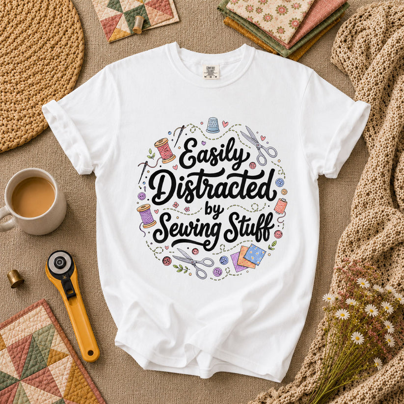 Easily Distracted By Sewing Stuff Vintage T-Shirt - White
