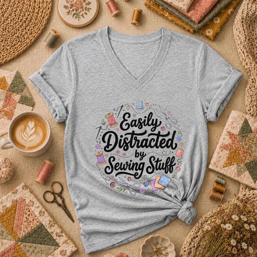 Easily Distracted By Sewing Stuff Vintage Women's V-Neck - Athletic Heather