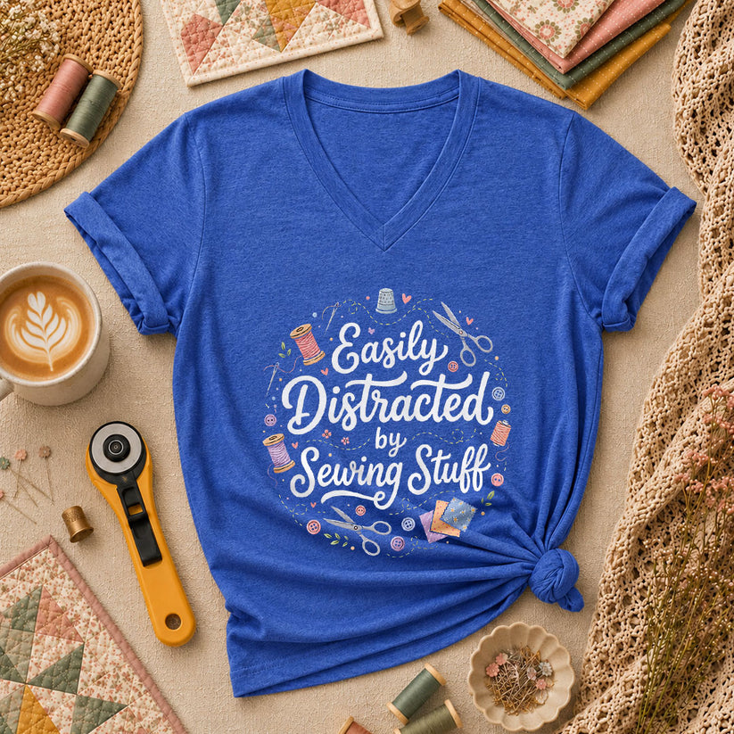 Easily Distracted By Sewing Stuff Vintage Women's V-Neck - Heather True Royal
