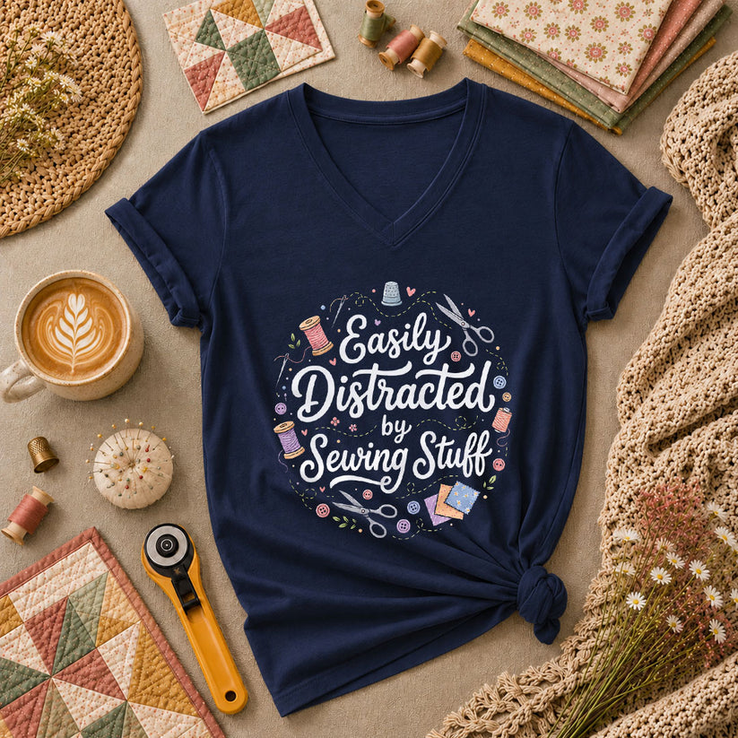 Easily Distracted By Sewing Stuff Vintage Women's V-Neck - Navy