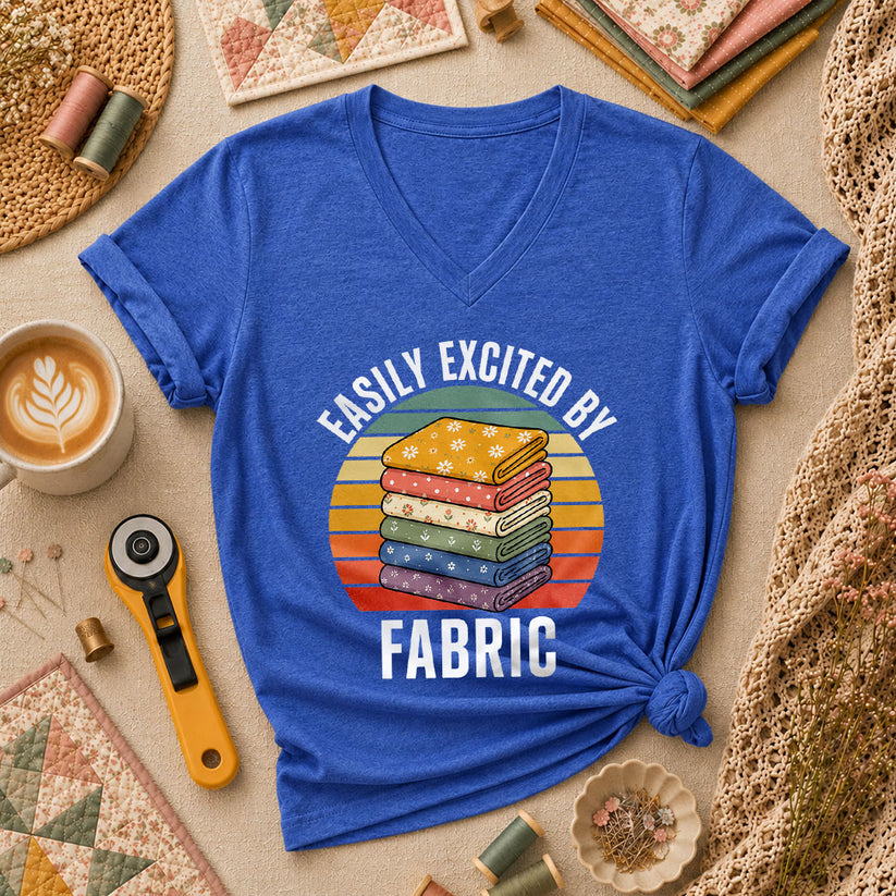 Easily Excited By Fabric Quilter Women's V-Neck - Heather True Royal