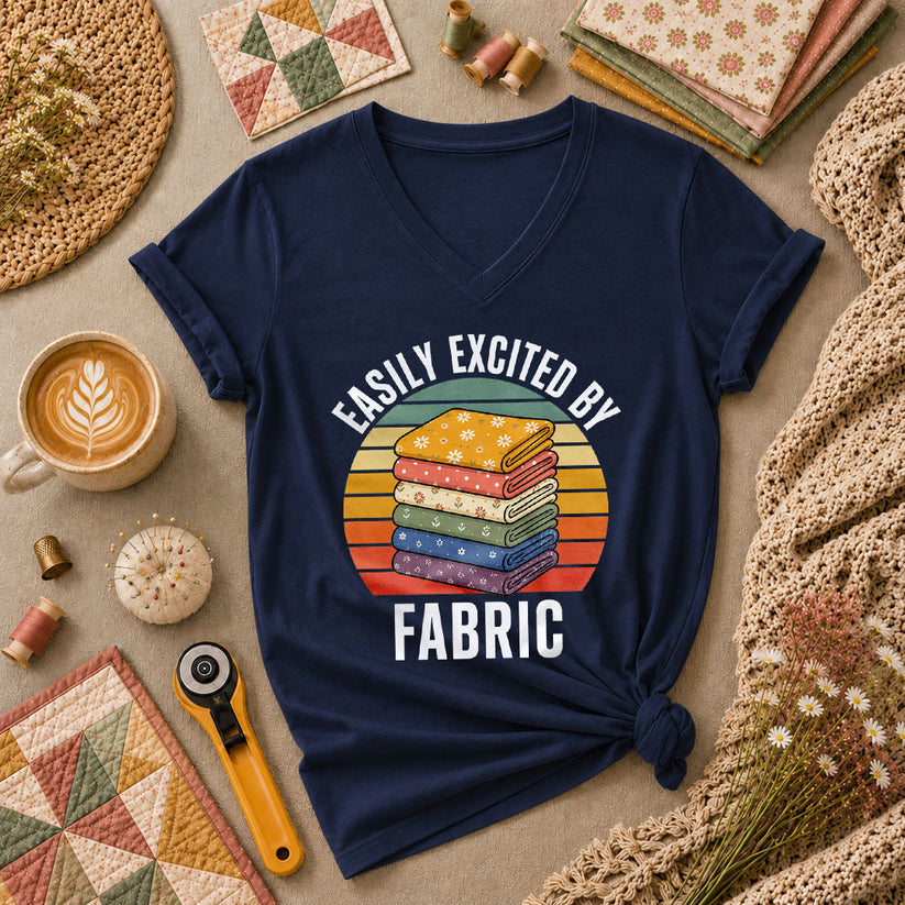 Easily Excited By Fabric Quilter Women's V-Neck - Navy