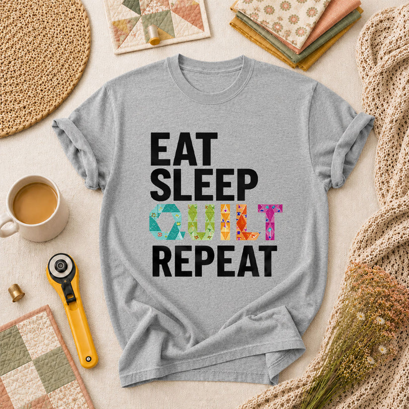 Eat Sleep Quilt Repeat Colorful Quilt Blocks T-Shirt - Athletic Heather
