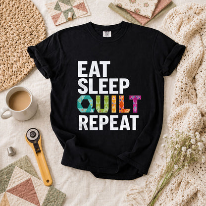 Eat Sleep Quilt Repeat Colorful Quilt Blocks T-Shirt - Black
