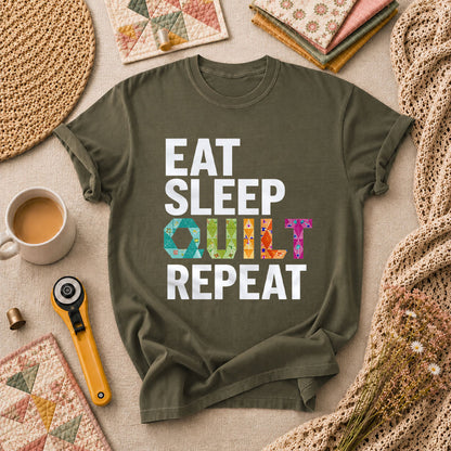 Eat Sleep Quilt Repeat Colorful Quilt Blocks T-Shirt - Military Green