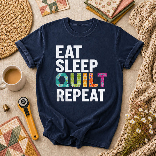 Eat Sleep Quilt Repeat Colorful Quilt Blocks T-Shirt - Navy
