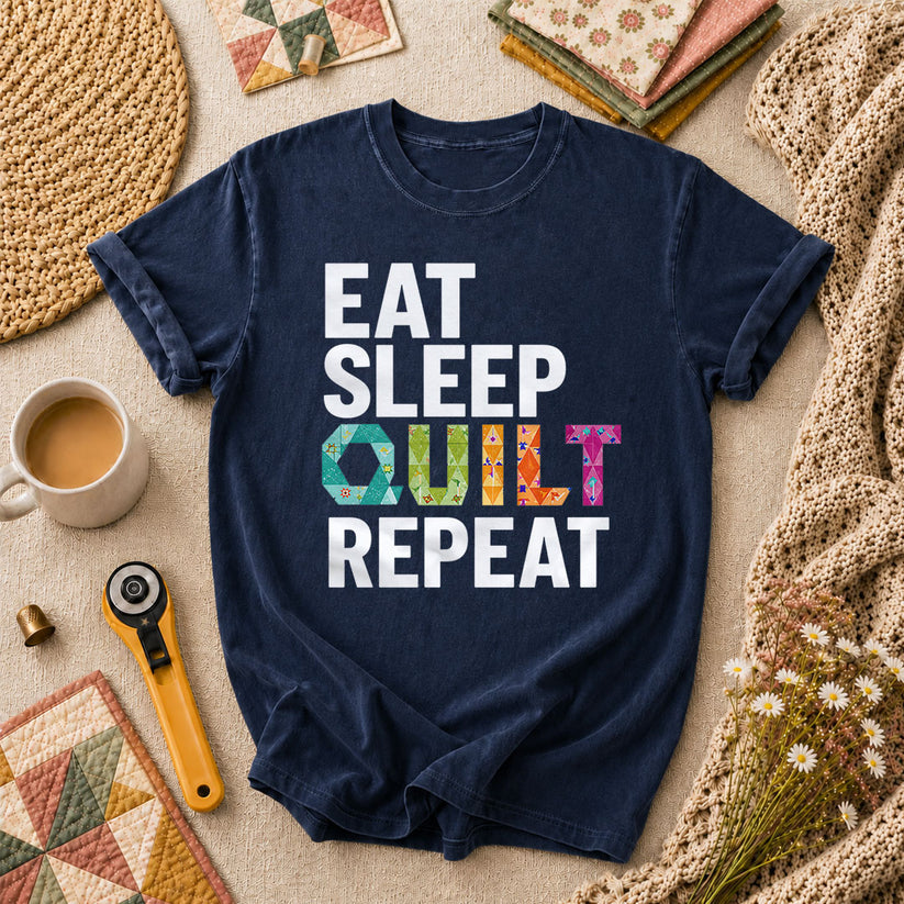 Eat Sleep Quilt Repeat Colorful Quilt Blocks T-Shirt - Navy
