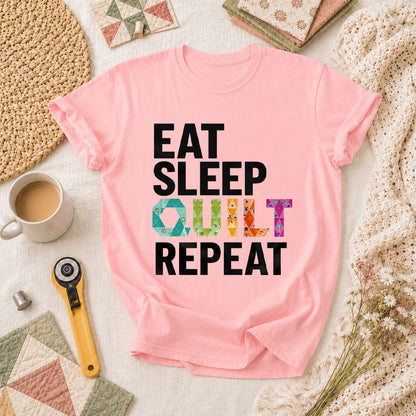 Eat Sleep Quilt Repeat Colorful Quilt Blocks T-Shirt - Pink