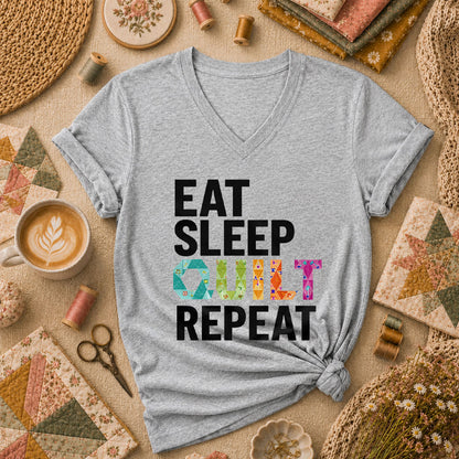 Eat Sleep Quilt Repeat Colorful Quilt Blocks Women's V-Neck - Athletic Heather