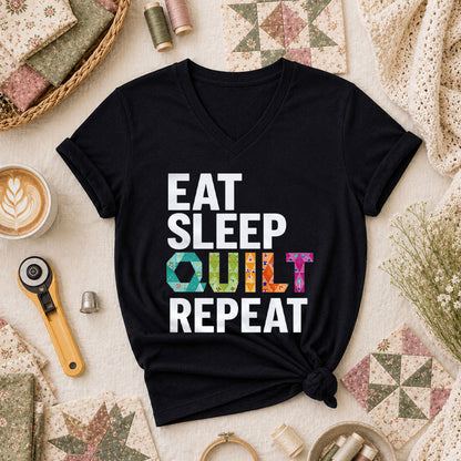 Eat Sleep Quilt Repeat Colorful Quilt Blocks Women's V-Neck - Black