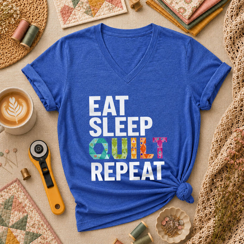 Eat Sleep Quilt Repeat Colorful Quilt Blocks Women's V-Neck - Heather True Royal