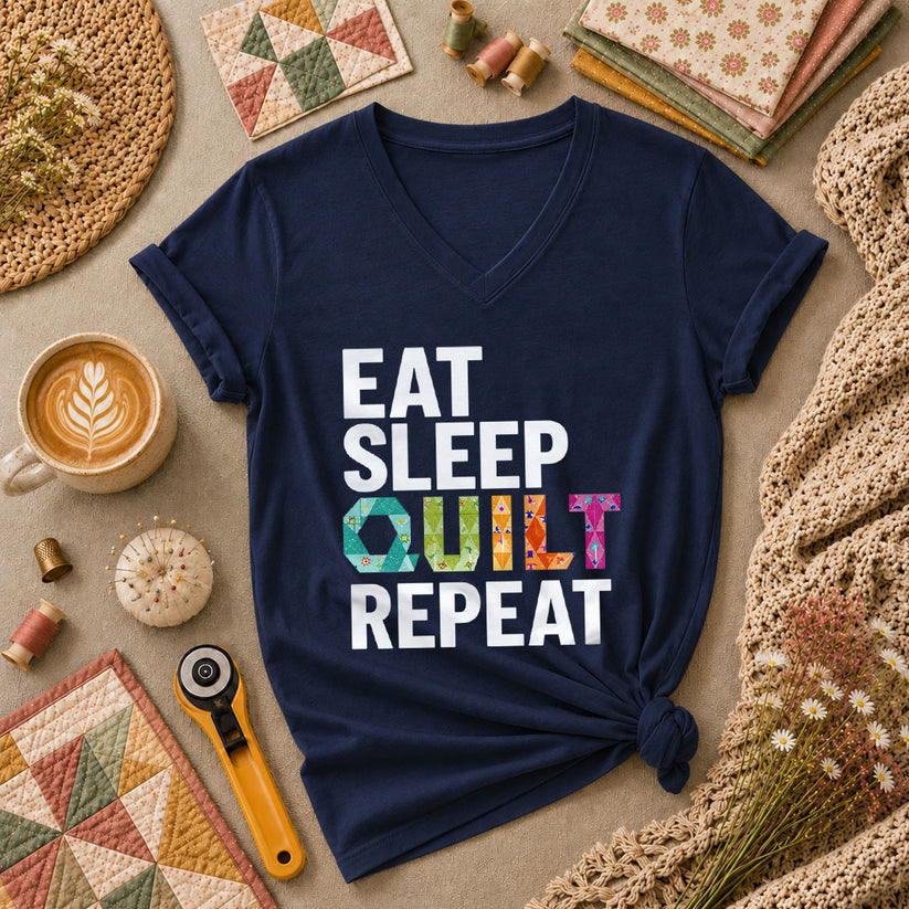 Eat Sleep Quilt Repeat Colorful Quilt Blocks Women's V-Neck - Navy