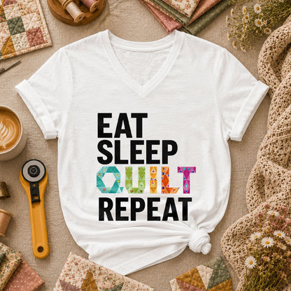 Eat Sleep Quilt Repeat Colorful Quilt Blocks Women's V-Neck - White