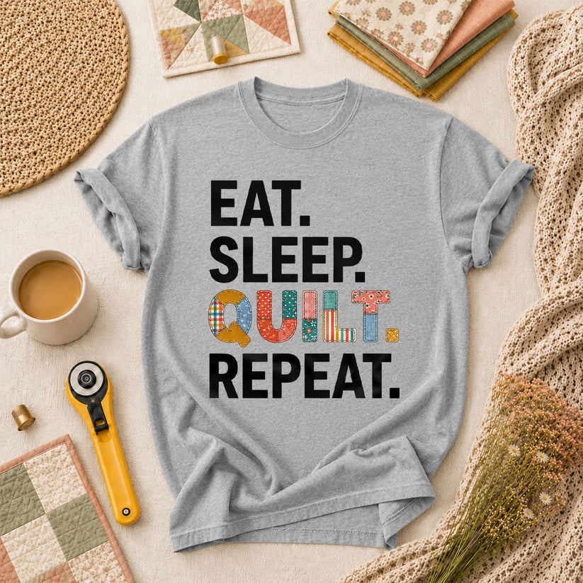Eat Sleep Quilt Repeat T-Shirt - Athletic Heather