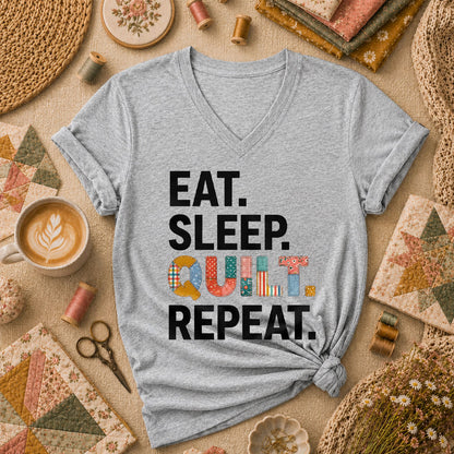 Eat Sleep Quilt Repeat Women's V-Neck - Athletic Heather