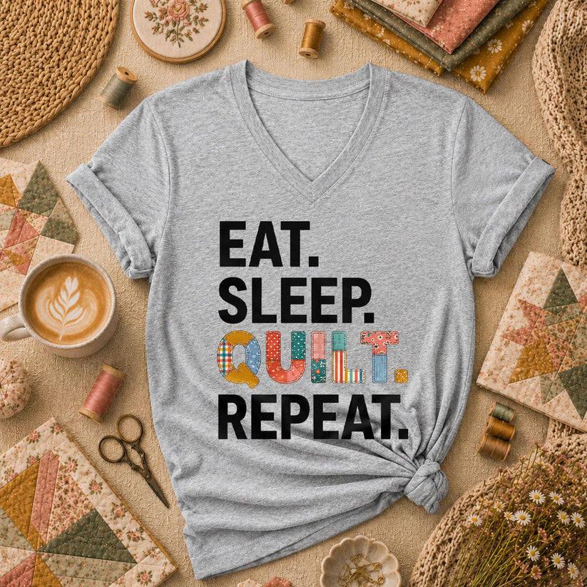 Eat Sleep Quilt Repeat Women's V-Neck - Athletic Heather