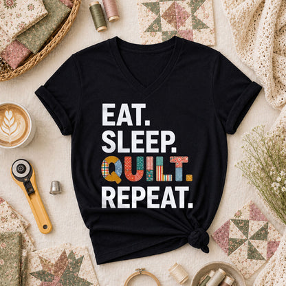Eat Sleep Quilt Repeat Women's V-Neck - Black