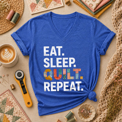 Eat Sleep Quilt Repeat Women's V-Neck - Heather True Royal