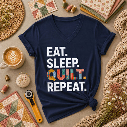 Eat Sleep Quilt Repeat Women's V-Neck - Navy