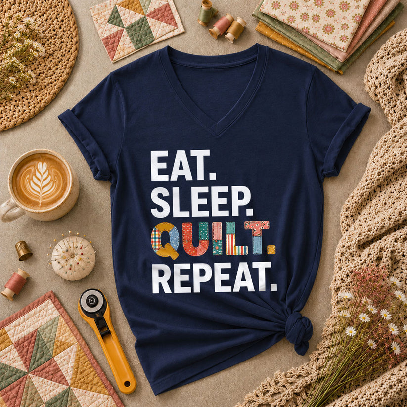 Eat Sleep Quilt Repeat Women's V-Neck - Navy