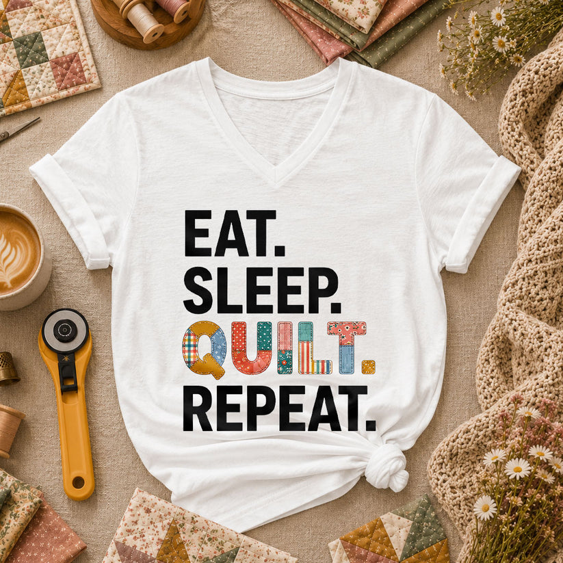 Eat Sleep Quilt Repeat Women's V-Neck - White