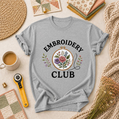 Embroidery Club Floral Hoop Botanical T-Shirt - Athletic Heather