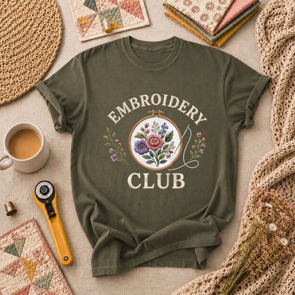 Embroidery Club Floral Hoop Botanical T-Shirt - Military Green