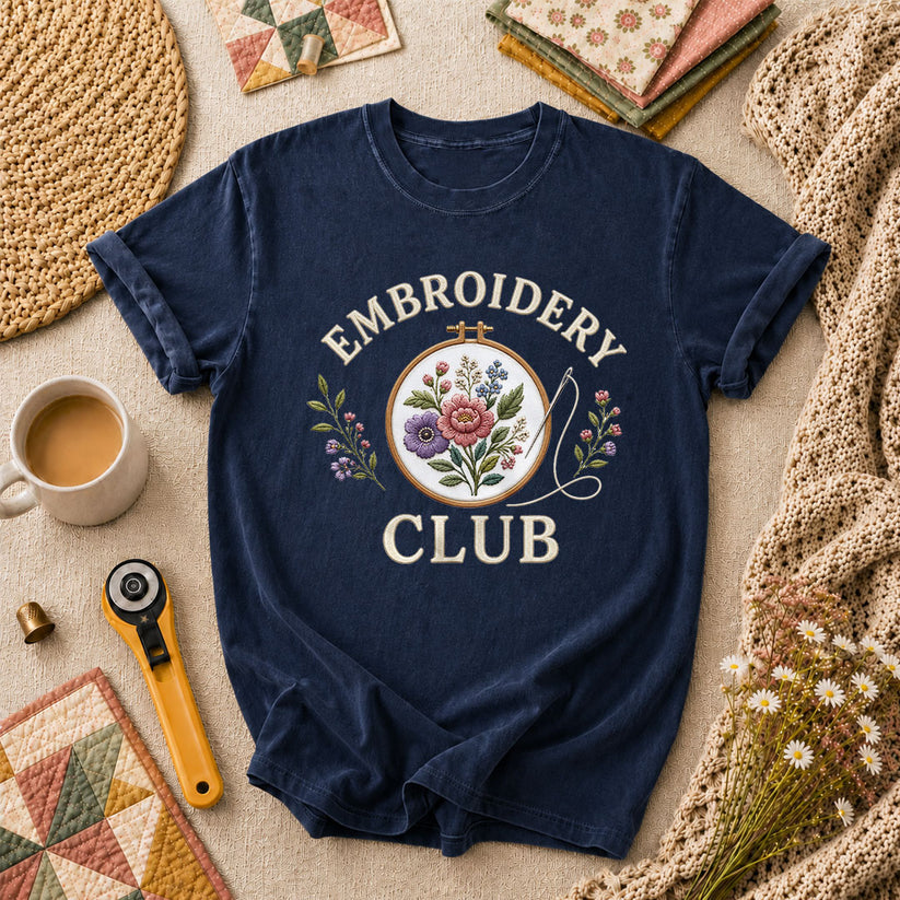 Embroidery Club Floral Hoop Botanical T-Shirt - Navy