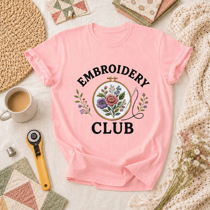 Embroidery Club Floral Hoop Botanical T-Shirt - Pink