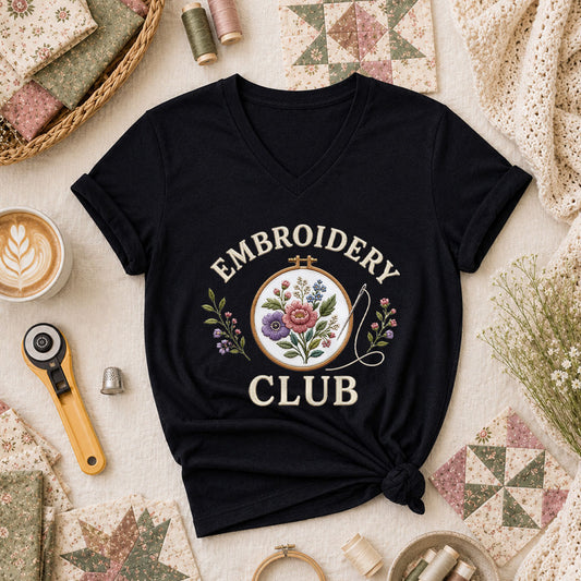 Embroidery Club Floral Hoop Botanical Women's V-Neck - Black