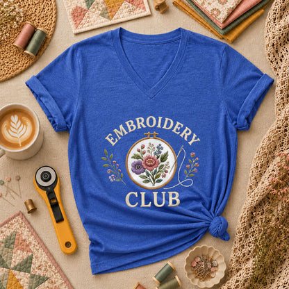 Embroidery Club Floral Hoop Botanical Women's V-Neck - Heather True Royal